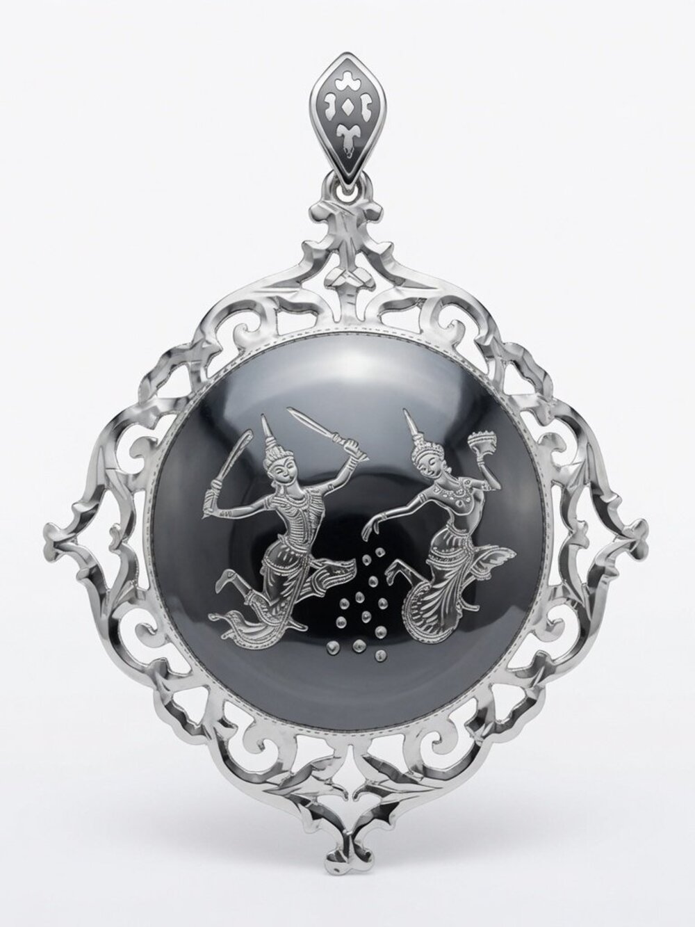 Large, Vintage Solid Sterling Silver, Nielloware Pendant | Thai Dancer Design
